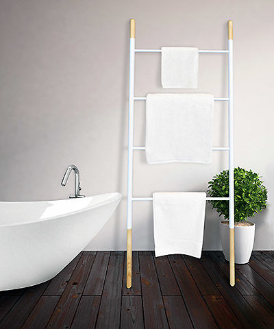 towel dry ladder against wall next to bath