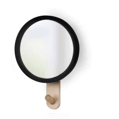 Umbra Hub Mirror Hook designed by JORDAN MURPHY Modern design, wall mounted mirror with black rubber rim and solid beech wood hook